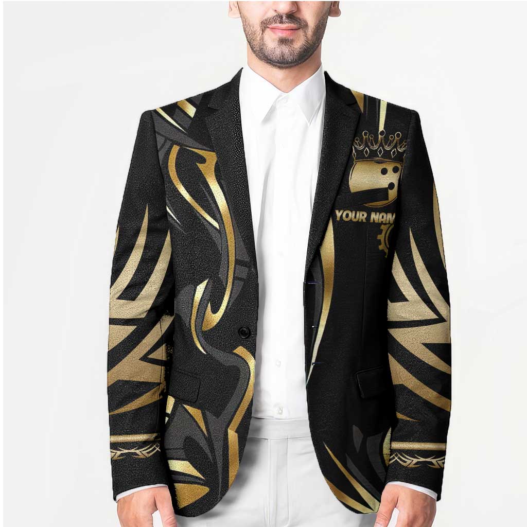 Personalized Golden Tribal Bowling Ball Emblem Blazer with Black Abstract Metallic Pattern - Wonder Print Shop