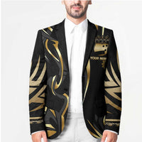 Personalized Golden Tribal Bowling Ball Emblem Blazer with Black Abstract Metallic Pattern - Wonder Print Shop