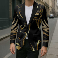 Personalized Golden Tribal Bowling Ball Emblem Blazer with Black Abstract Metallic Pattern - Wonder Print Shop