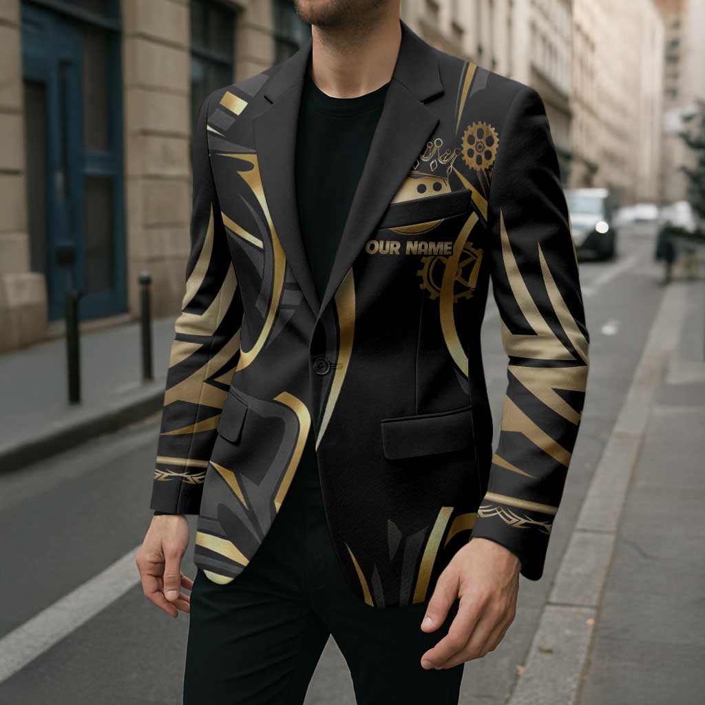 Personalized Golden Tribal Bowling Ball Emblem Blazer with Black Abstract Metallic Pattern - Wonder Print Shop