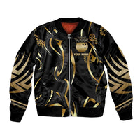 Personalized Golden Tribal Bowling Ball Emblem Bomber Jacket with Black Abstract Metallic Pattern - Wonder Print Shop