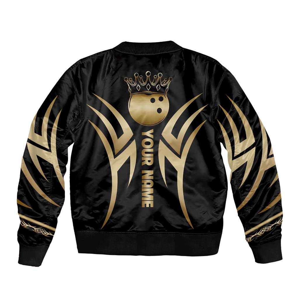 Personalized Golden Tribal Bowling Ball Emblem Bomber Jacket with Black Abstract Metallic Pattern - Wonder Print Shop