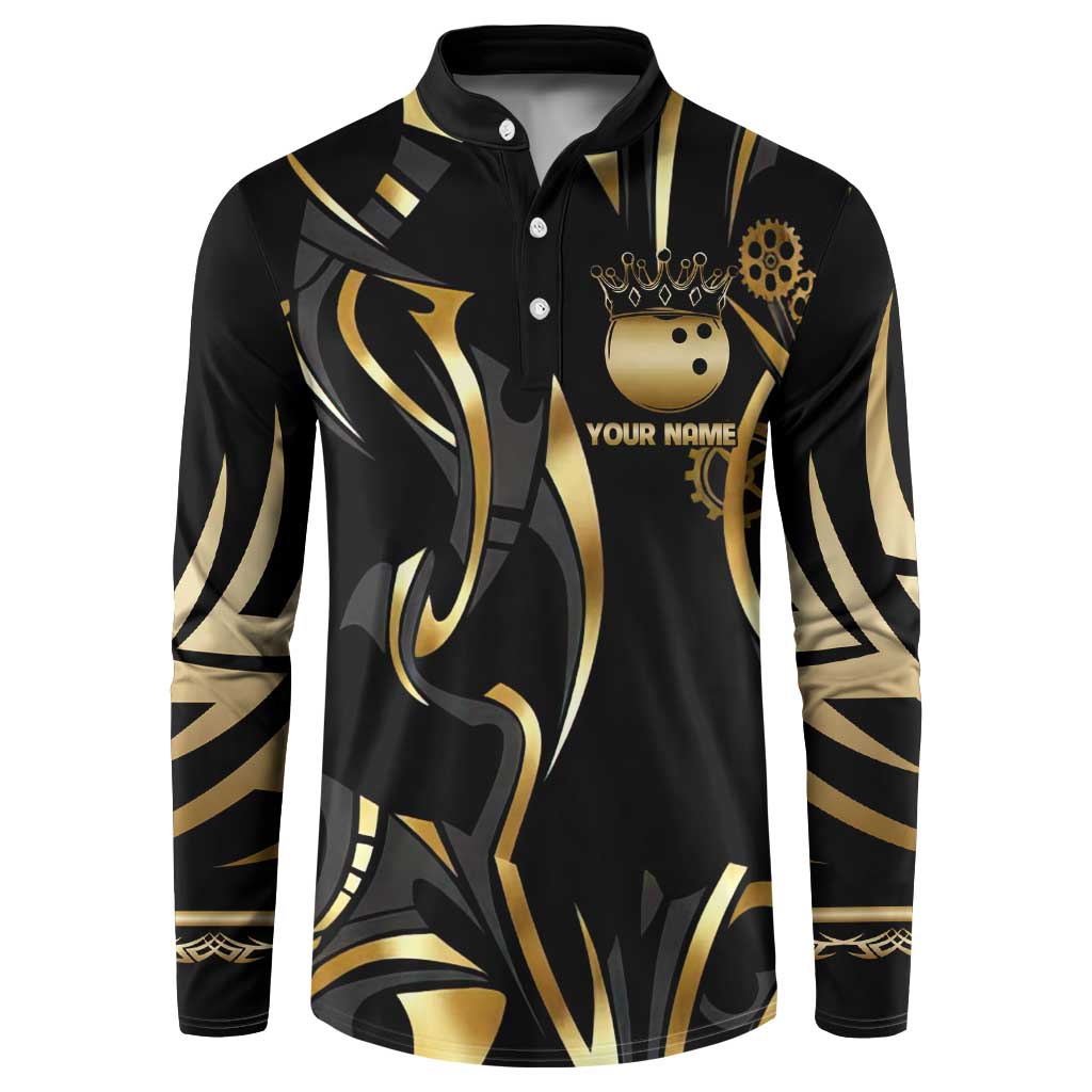 Personalized Golden Tribal Bowling Ball Emblem Button Sweatshirt with Black Abstract Metallic Pattern - Wonder Print Shop