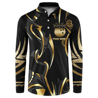 Personalized Golden Tribal Bowling Ball Emblem Button Sweatshirt with Black Abstract Metallic Pattern - Wonder Print Shop