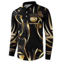 Personalized Golden Tribal Bowling Ball Emblem Button Sweatshirt with Black Abstract Metallic Pattern - Wonder Print Shop