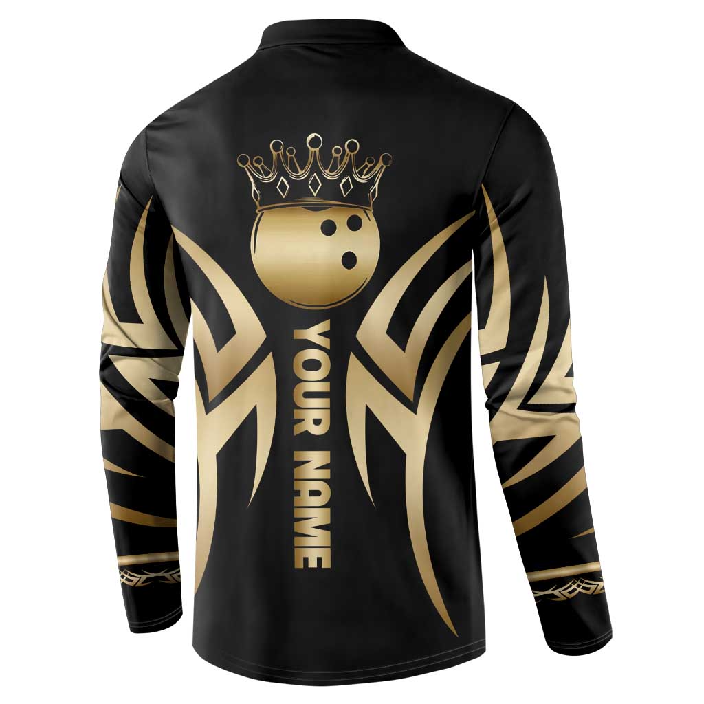 Personalized Golden Tribal Bowling Ball Emblem Button Sweatshirt with Black Abstract Metallic Pattern - Wonder Print Shop