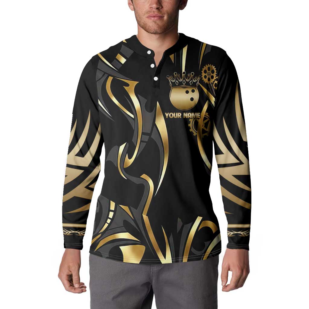 Personalized Golden Tribal Bowling Ball Emblem Button Sweatshirt with Black Abstract Metallic Pattern - Wonder Print Shop