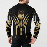 Personalized Golden Tribal Bowling Ball Emblem Button Sweatshirt with Black Abstract Metallic Pattern - Wonder Print Shop