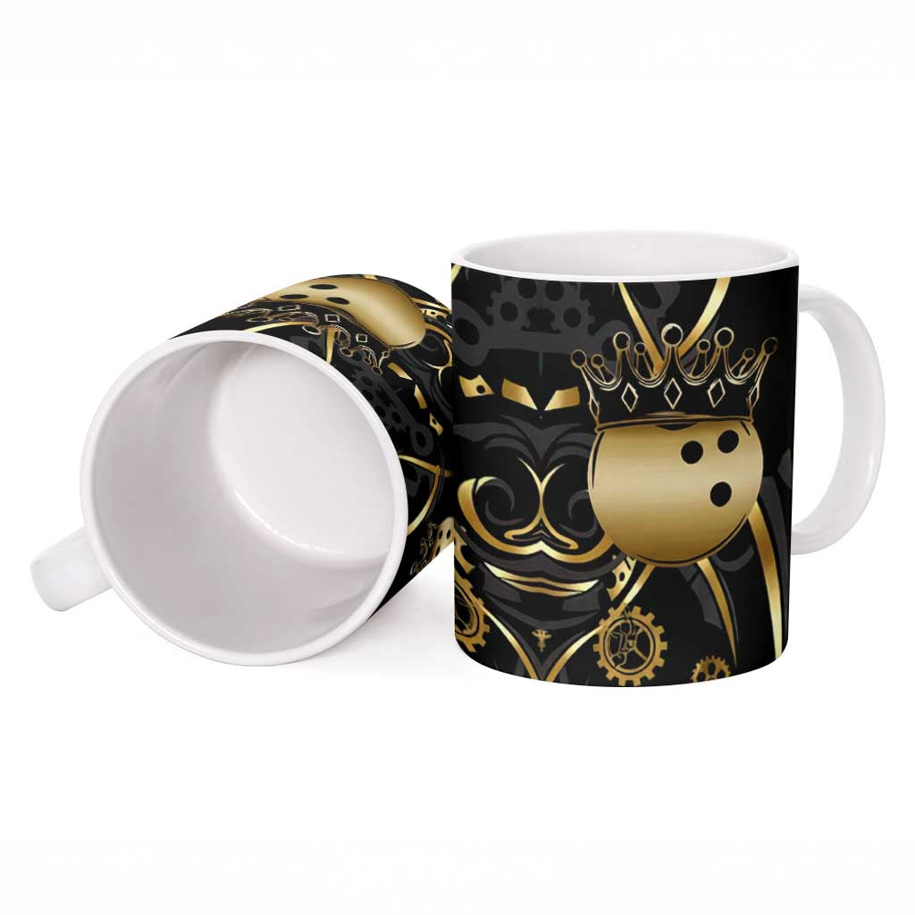 Personalized Golden Tribal Bowling Ball Emblem Ceramic Mug with Black Abstract Metallic Pattern - Wonder Print Shop