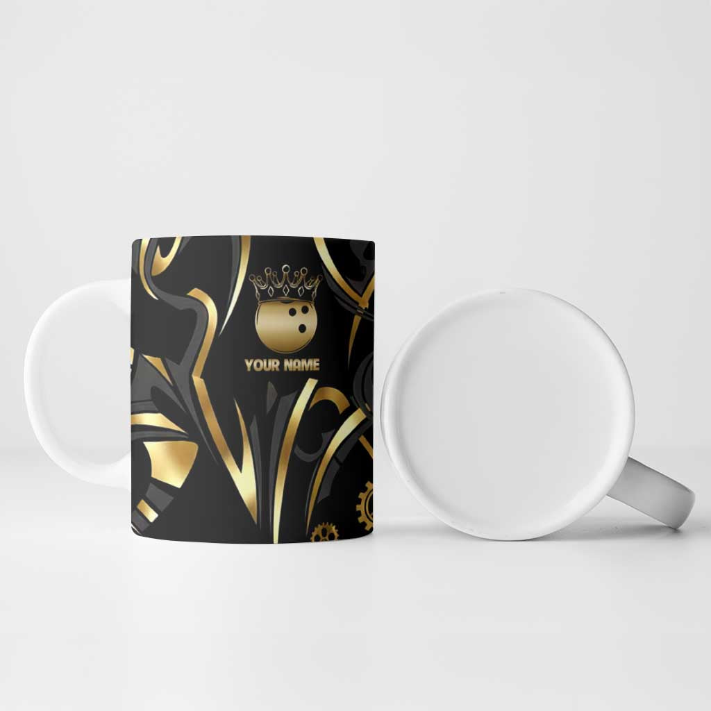 Personalized Golden Tribal Bowling Ball Emblem Ceramic Mug with Black Abstract Metallic Pattern - Wonder Print Shop