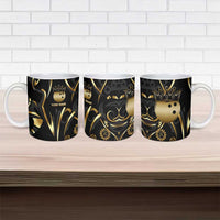 Personalized Golden Tribal Bowling Ball Emblem Ceramic Mug with Black Abstract Metallic Pattern - Wonder Print Shop