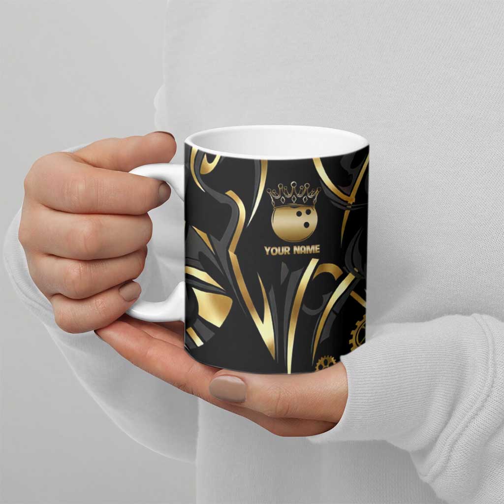 Personalized Golden Tribal Bowling Ball Emblem Ceramic Mug with Black Abstract Metallic Pattern - Wonder Print Shop