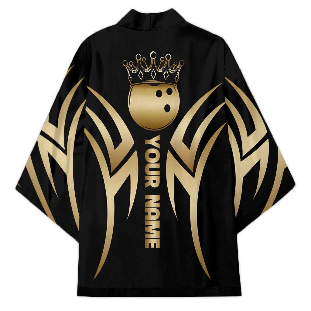Personalized Golden Tribal Bowling Ball Emblem Kimono with Black Abstract Metallic Pattern - Wonder Print Shop