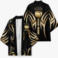 Personalized Golden Tribal Bowling Ball Emblem Kimono with Black Abstract Metallic Pattern - Wonder Print Shop