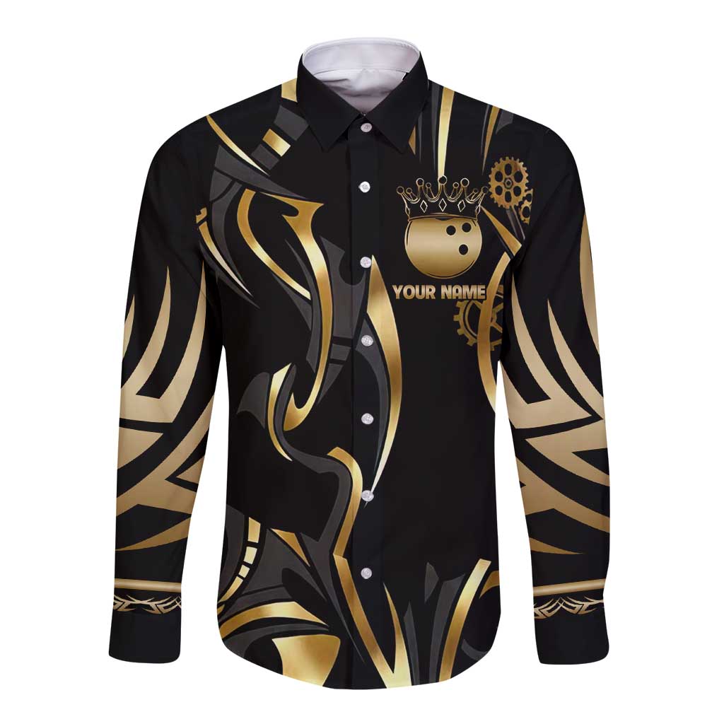 Personalized Golden Tribal Bowling Ball Emblem Long Sleeve Button Shirt with Black Abstract Metallic Pattern - Wonder Print Shop