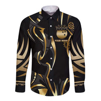 Personalized Golden Tribal Bowling Ball Emblem Long Sleeve Button Shirt with Black Abstract Metallic Pattern - Wonder Print Shop