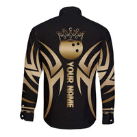Personalized Golden Tribal Bowling Ball Emblem Long Sleeve Button Shirt with Black Abstract Metallic Pattern - Wonder Print Shop