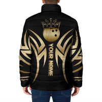Personalized Golden Tribal Bowling Ball Emblem Padded Jacket with Black Abstract Metallic Pattern - Wonder Print Shop