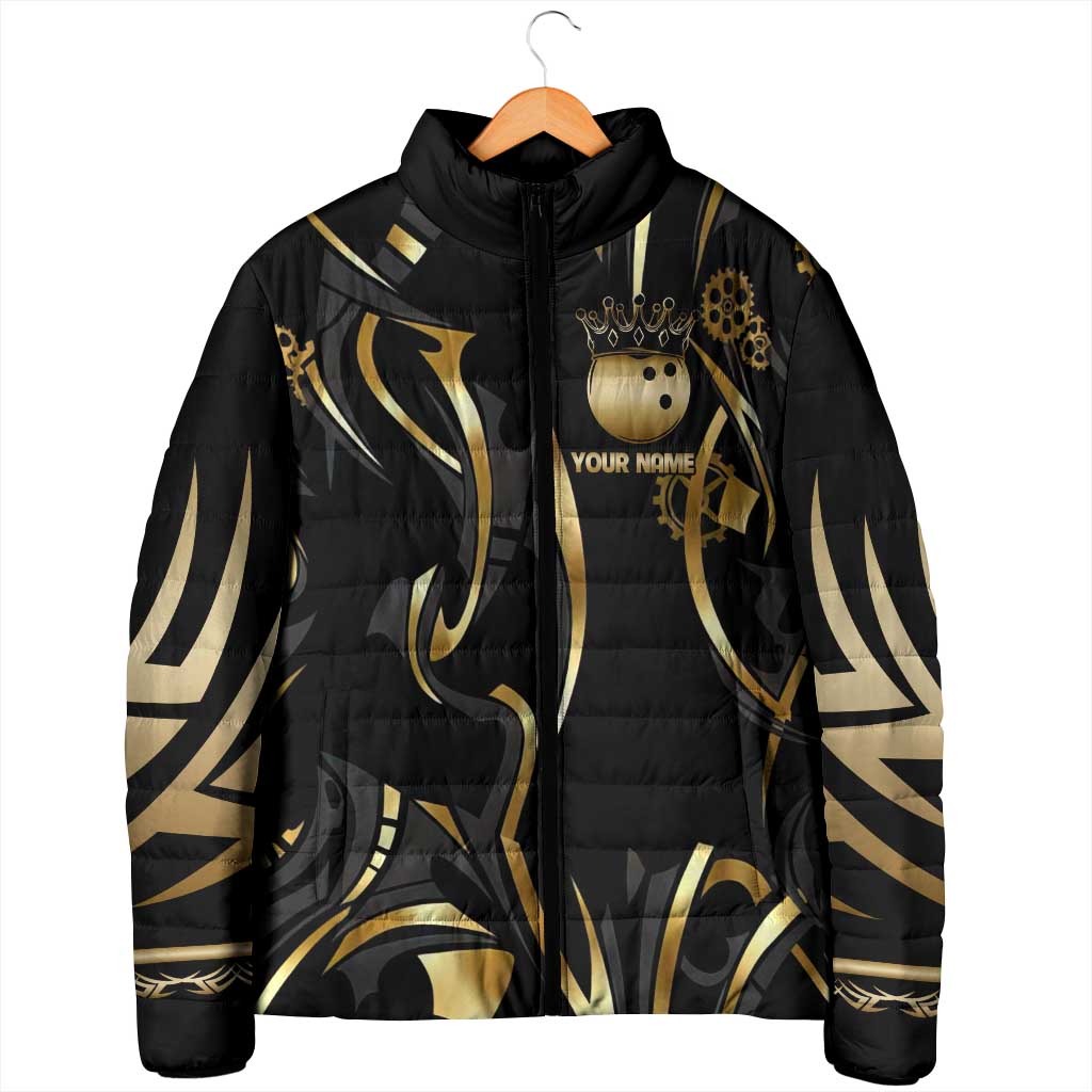 Personalized Golden Tribal Bowling Ball Emblem Padded Jacket with Black Abstract Metallic Pattern - Wonder Print Shop