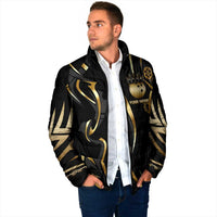 Personalized Golden Tribal Bowling Ball Emblem Padded Jacket with Black Abstract Metallic Pattern - Wonder Print Shop