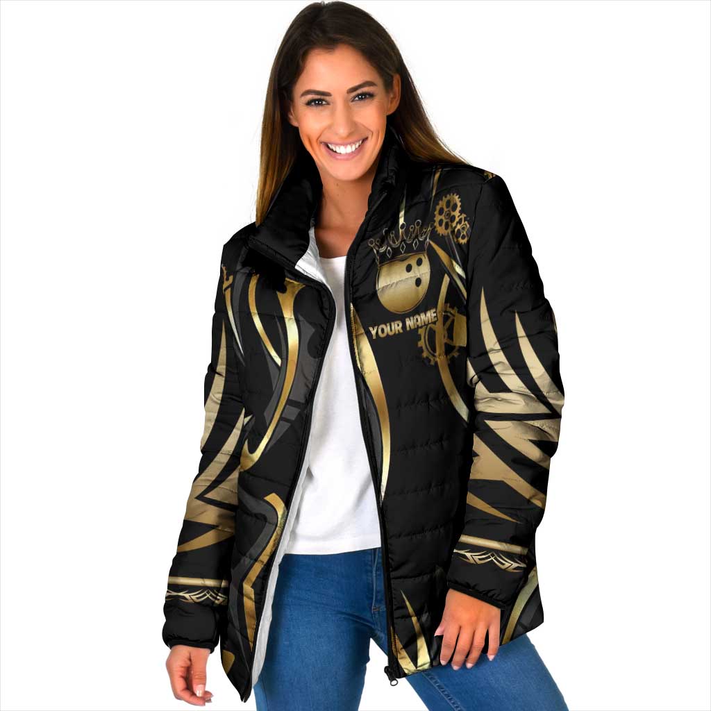 Personalized Golden Tribal Bowling Ball Emblem Padded Jacket with Black Abstract Metallic Pattern - Wonder Print Shop