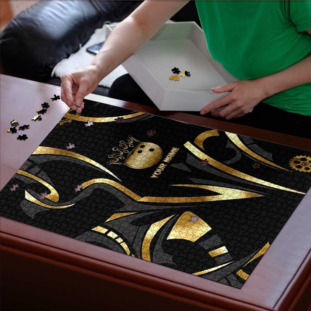 Personalized Golden Tribal Bowling Ball Emblem Puzzle with Black Abstract Metallic Pattern - Wonder Print Shop