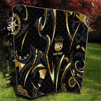 Personalized Golden Tribal Bowling Ball Emblem Quilt with Black Abstract Metallic Pattern - Wonder Print Shop