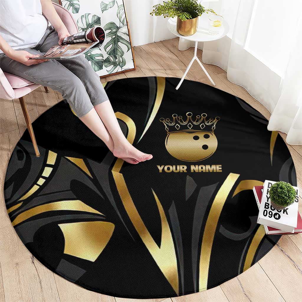 Personalized Golden Tribal Bowling Ball Emblem Round Carpet with Black Abstract Metallic Pattern - Wonder Print Shop