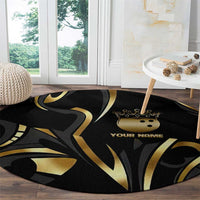 Personalized Golden Tribal Bowling Ball Emblem Round Carpet with Black Abstract Metallic Pattern - Wonder Print Shop