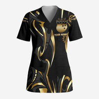 Personalized Golden Tribal Bowling Ball Emblem Scrub Top with Black Abstract Metallic Pattern - Wonder Print Shop