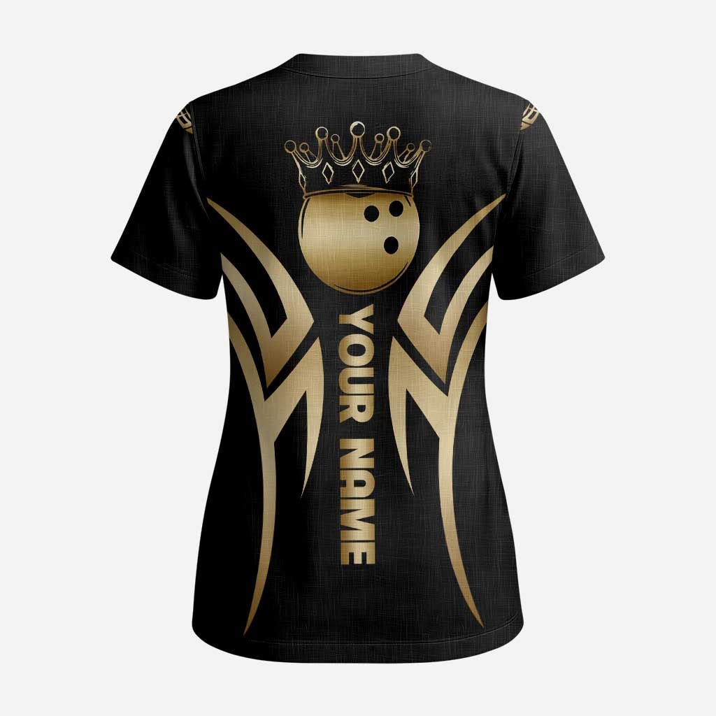 Personalized Golden Tribal Bowling Ball Emblem Scrub Top with Black Abstract Metallic Pattern - Wonder Print Shop