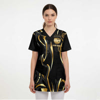 Personalized Golden Tribal Bowling Ball Emblem Scrub Top with Black Abstract Metallic Pattern - Wonder Print Shop