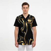 Personalized Golden Tribal Bowling Ball Emblem Scrub Top with Black Abstract Metallic Pattern - Wonder Print Shop