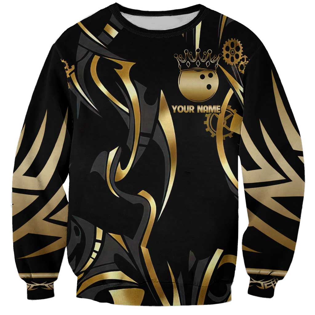 Personalized Golden Tribal Bowling Ball Emblem Sweatshirt with Black Abstract Metallic Pattern - Wonder Print Shop
