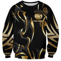 Personalized Golden Tribal Bowling Ball Emblem Sweatshirt with Black Abstract Metallic Pattern - Wonder Print Shop