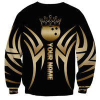 Personalized Golden Tribal Bowling Ball Emblem Sweatshirt with Black Abstract Metallic Pattern - Wonder Print Shop