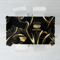 Personalized Golden Tribal Bowling Ball Emblem Tablecloth with Black Abstract Metallic Pattern - Wonder Print Shop