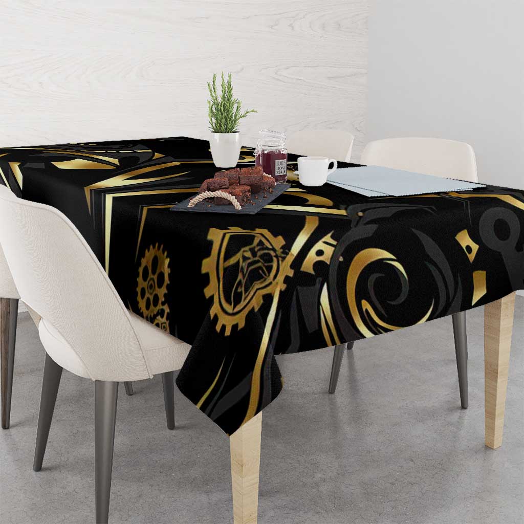 Personalized Golden Tribal Bowling Ball Emblem Tablecloth with Black Abstract Metallic Pattern - Wonder Print Shop