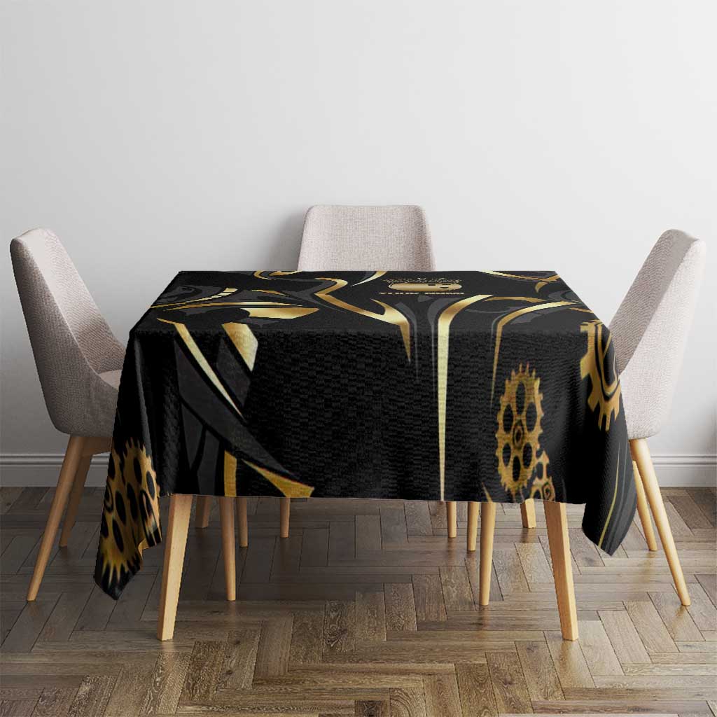 Personalized Golden Tribal Bowling Ball Emblem Tablecloth with Black Abstract Metallic Pattern - Wonder Print Shop