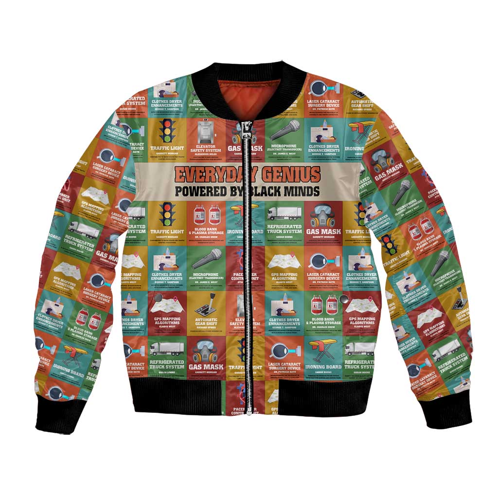 Everyday Genius Powered by Black Minds Bomber Jacket with Colorful Invention Icons Pattern - Wonder Print Shop