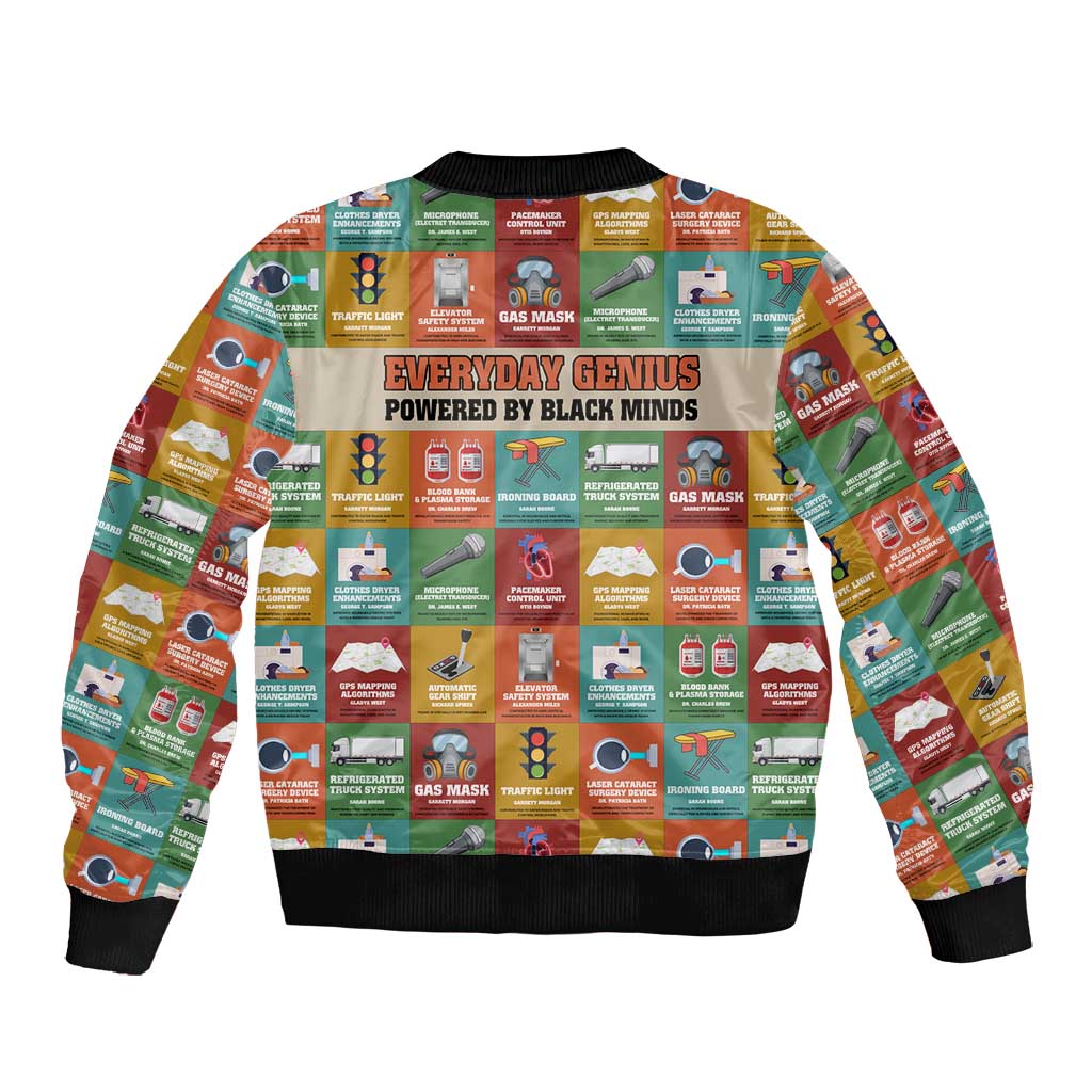 Everyday Genius Powered by Black Minds Bomber Jacket with Colorful Invention Icons Pattern - Wonder Print Shop
