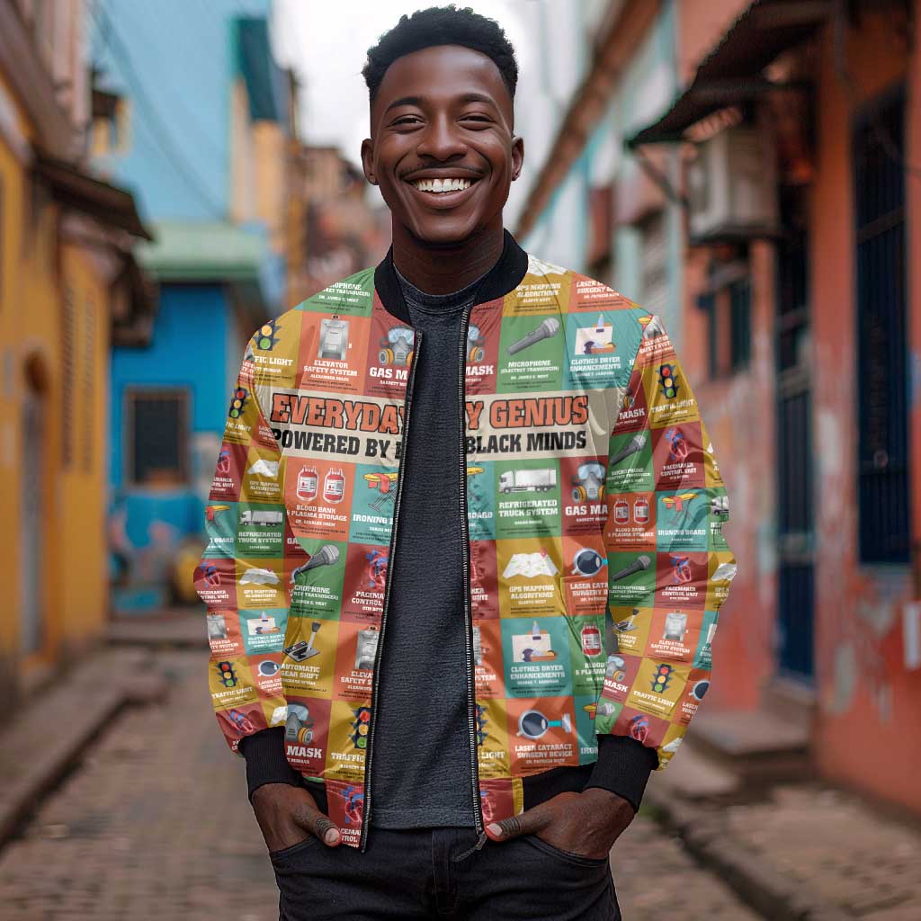 Everyday Genius Powered by Black Minds Bomber Jacket with Colorful Invention Icons Pattern - Wonder Print Shop