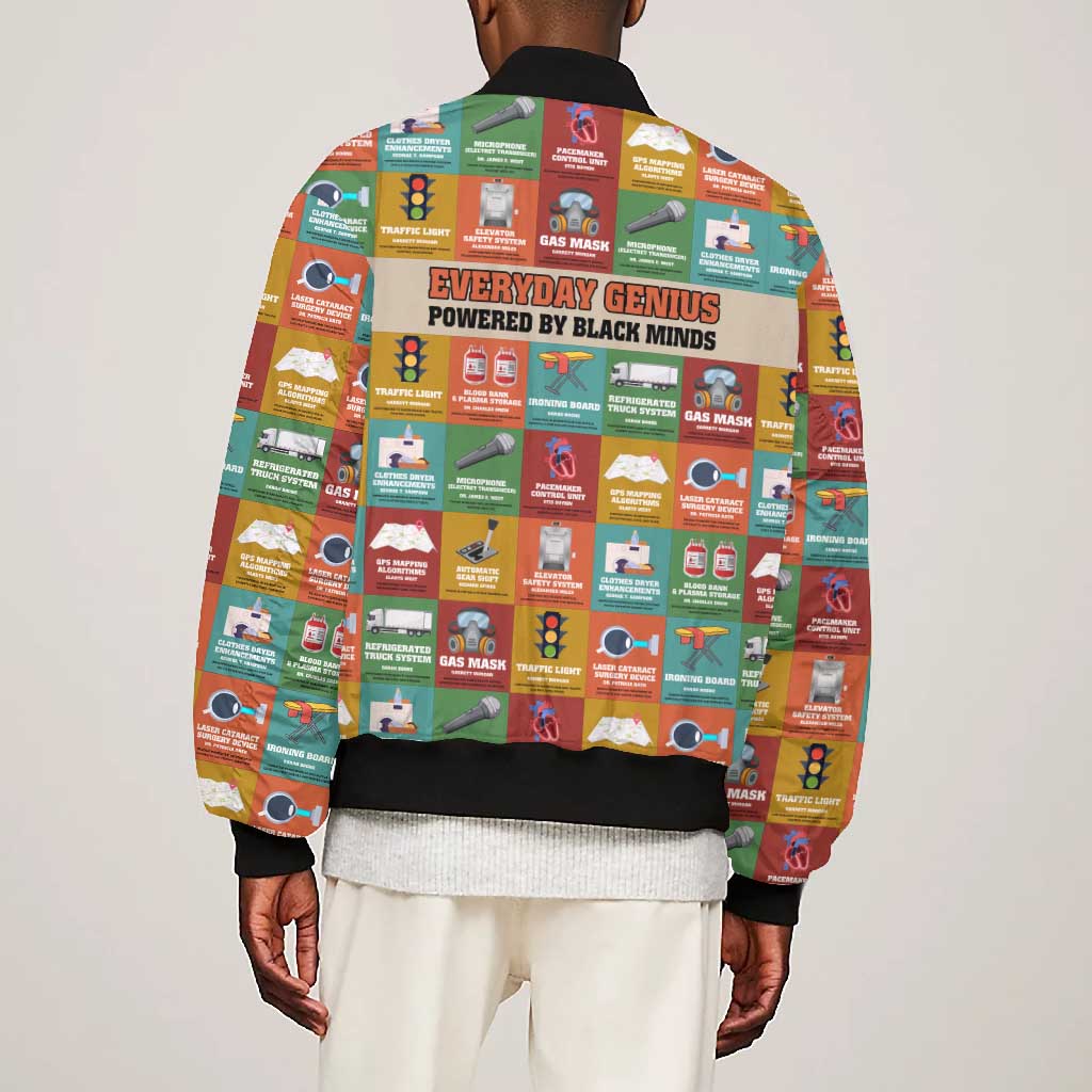 Everyday Genius Powered by Black Minds Bomber Jacket with Colorful Invention Icons Pattern - Wonder Print Shop