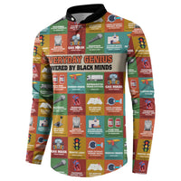 Everyday Genius Powered by Black Minds Button Sweatshirt with Colorful Invention Icons Pattern