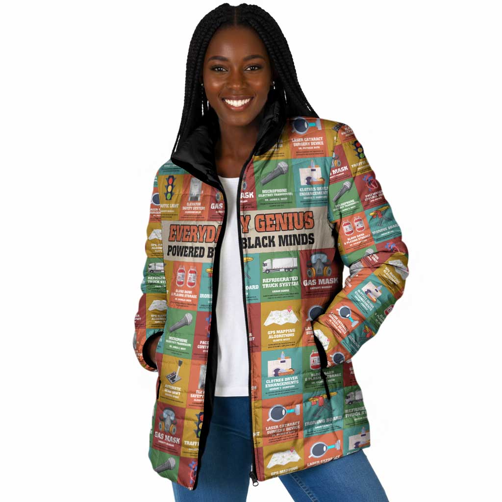 Everyday Genius Powered by Black Minds Padded Jacket with Colorful Invention Icons Pattern - Wonder Print Shop