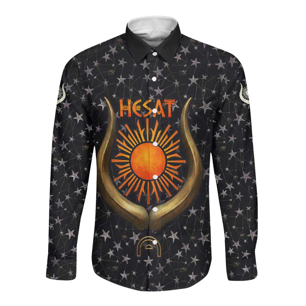 Hesat Solar Horn Symbol Long Sleeve Button Shirt Egyptian Cosmic Cow in Starry Milky Way