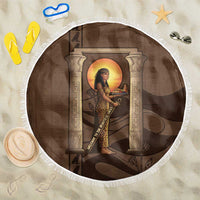 Imenet Sunlit Temple Columns Beach Blanket with Ancient Egyptian Offering Scene
