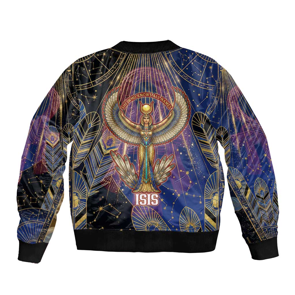 Isis Ankh Symbol Bomber Jacket with Celestial Wings in Ancient Egyptian Cosmic