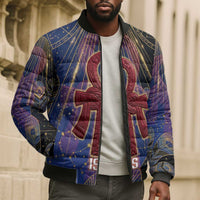 Isis Ankh Symbol Bomber Puffer Jacket with Celestial Wings in Ancient Egyptian Cosmic