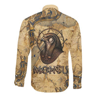 Montu Long Sleeve Button Shirt Falcon Head War God Ancient Egyptian Map Feathers and Sun Disk